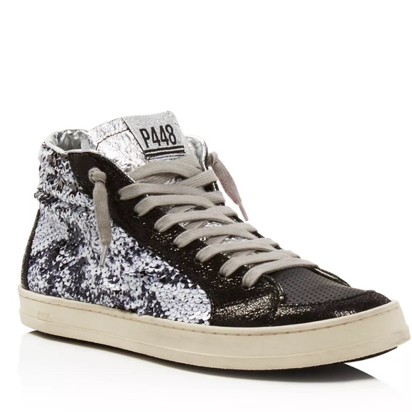 P448 Women’s Skate BS Sequin High Top Leather Sneakers  Side Zip  EU 37  US 7 - Picture 1 of 14
